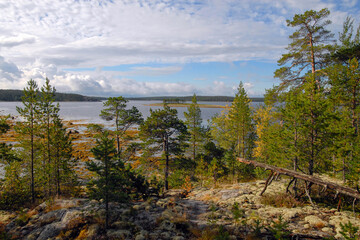 Fototapeta na wymiar Karelian landscape. View of Kandalaksha Gulf of White Sea from Sidorov island. Republic of Karelia, Russia.