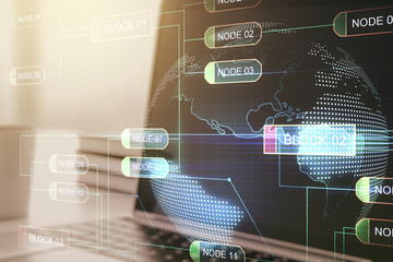 Multi exposure of abstract graphic coding sketch with world map on modern computer background, big data and networking concept