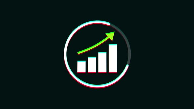 Business Stats And Charts Icon With Technology Glitch Fx/ 4k animation of an abstract technology business charts and statistics icon with glitch textures and digital artefacts and noise effects