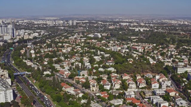 Aerial drone view to Givataim skyline, Israel, 4k