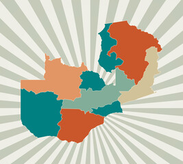 Zambia map. Poster with map of the country in retro color palette. Shape of Zambia with sunburst rays background. Vector illustration.