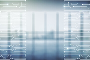 Abstract virtual microscheme illustration on empty corporate office background. Big data and database concept. Multiexposure