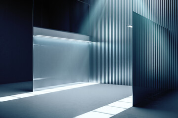 Modern gray concrete interior with lamps on ceiling and mirror.