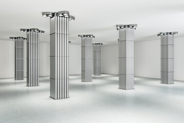 Modern gallery interior with silver pipe columns