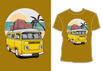 Tropical vacation cars and sunset summer holiday shirt designs
