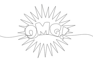 Single continuous line drawing of motivational and inspirational lettering typography quote - OMG! - Oh My God!. Calligraphic design for print, card, banner, poster. One line draw design