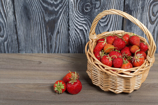 Ripe red strawberries in a wicker basket. Against the background of pine boards painted in white and black. Harvest during the 2020 pandemic.