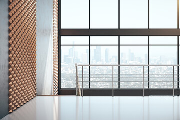 Modern concrete hall interior with panoramic city view