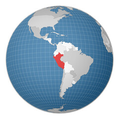 Fototapeta premium Globe centered to Peru. Country highlighted with green color on world map. Satellite world projection. Cool vector illustration.