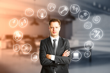 Businessman thinking with drawing circular business plan over head on office background.