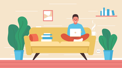 Vector illustration of a man with laptop working on the couch. Young stylish smiling freelancer work from home in a cozy room with a cup of coffee. Modern concept illustration of a home office