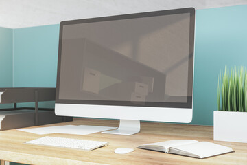 Creative designer desktop with empty black computer screen