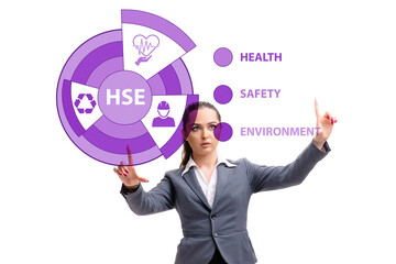 HSE concept with businesswoman pressing virtual button