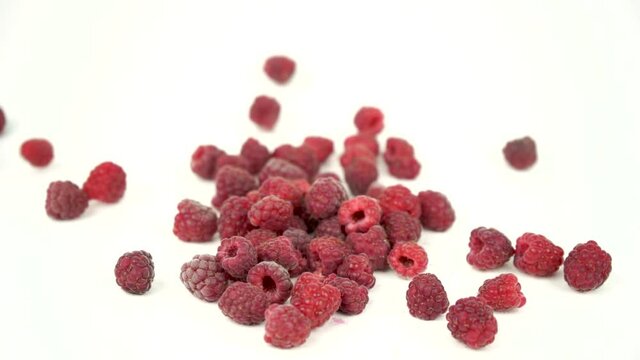 red ripe raspberry fall on white background, set of raspberries on white, slow motion footage