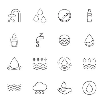 Water icons set isolated on white background. Collection of modern water icons for design elements, label, pictogram,  sign, symbol and logo template. Water drop thin line icons. Vector illustration