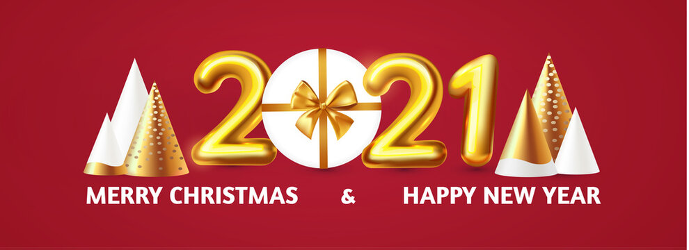 Happy New 2021 Year Party poster template with 3D realistic text, stylised fir trees and gift box. Festive design. Christmas flyer template.
