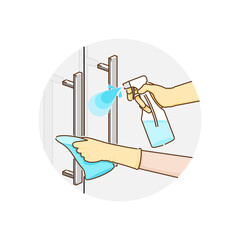 Cleaning the glass door handle with alcohol spray and fabric for prevent infection of Covid-19 virus. Vector illustration