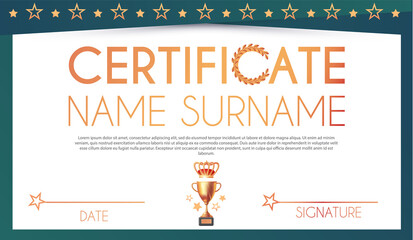 Win certificate design template. Diploma design with champion cup and crown. Award, competition and win design.