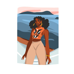 Hand drawn vector abstract stock flat graphic illustration with young happy black afro american beauty female tourist on sundown beach scene isolated on white background