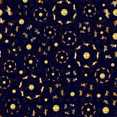 Dark blue abstract seamless pattern, ornament with golden circles and elements, modern background for your design.