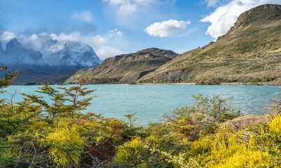 Landscape of Lago del Pehoe in Torres del Paine national park, Patagonia, Chile.