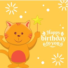 happy birthday to you greeting card with cat cartoon flat design