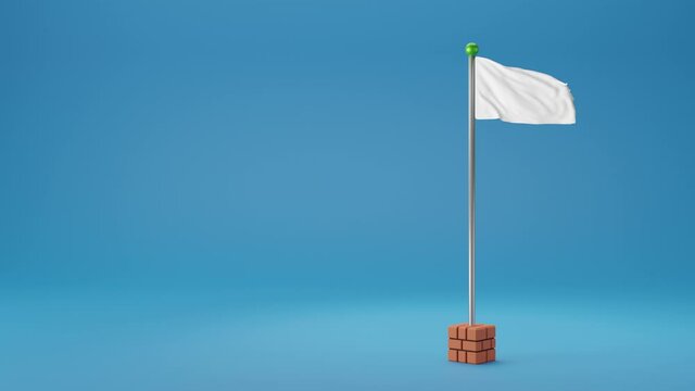 3D Render White flag waving on a orange brick block base pole ,Copy space for insert your content ,Isolate on blue background.
