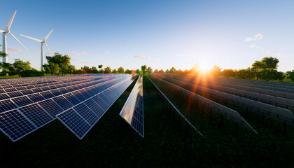 Solar farm or solar power plant consist of solar cell or photovoltaic cell in panel. That is sun...