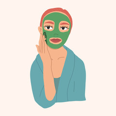 A girl with red hair is applying a green face mask. Skin care concept.
Vector hand drawn illustation. Cartoon style.Flat design.