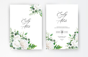 Wedding invite, invitation, save the date card. Vector floral frame design: ivory white powder peony Rose flower, Eucalyptus branch, greenery forest fern leaves, plants. Elegant romantic cute template