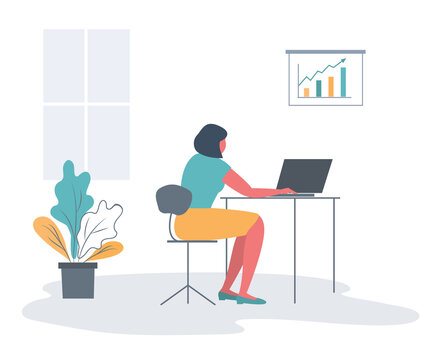 Office worker in the workplace. Back view. Young woman is sitting at the desk on a window background. There is a laptop, a diagram and a flower in the picture. Flat style. Vector
