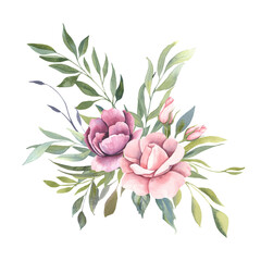 Watercolor floral illustration - bouquet with bright pink vivid flowers, anemones,  green leaves for wedding stationary, greetings, wallpapers, fashion, backgrounds.