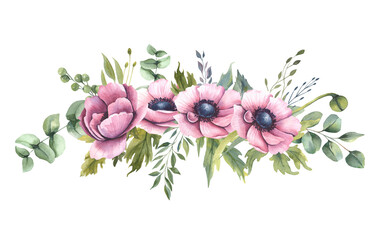 Watercolor floral illustration - bouquet with bright pink vivid flowers, anemones,  green leaves for wedding stationary, greetings, wallpapers, fashion, backgrounds.