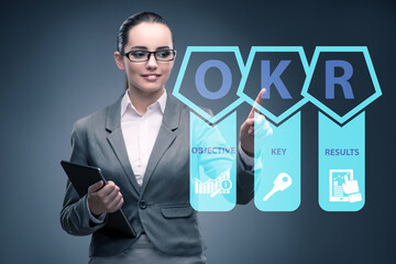 OKR concept with objective key results and businesswoman