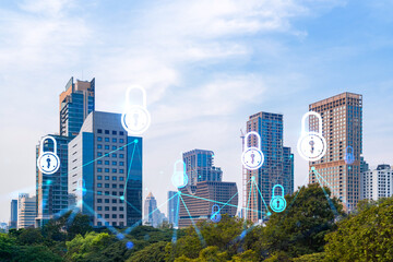 Padlock icon hologram over panorama city view of Bangkok to protect business in Asia. The concept of information security shields. Double exposure.