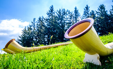 alphorns at a mountain peak