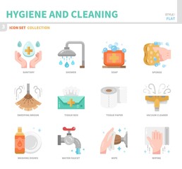 hygiene and cleaning icon set,flat style,vector and illustration