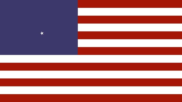 Waving American flag graphic assembled from blank screen with stripes sliding in, blue field dropping down, and stars exploding into place.