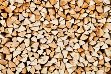 Stacked firewood close-up. Firewood storage close up. Stocks of wooden logs close-up. Chopping wood. Logging in the village. Rustic lifestyle. Woodpile with firewood full frame image. Wooden texture.