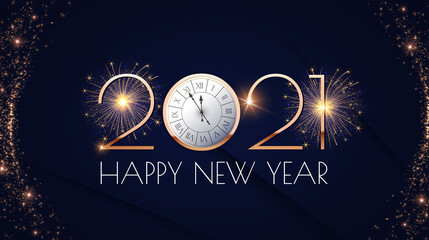 Happy new 2021 year Elegant gold text with fireworks, clock and light. Minimalistic text template.