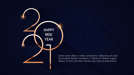Happy new 2021 year Elegant gold text with light. Minimalistic text template.