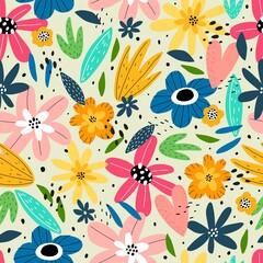 summer seamless pattern with cartoon flowers, decor elements on a neutral background. colorful vector, hand drawing. design for fabric, print, textile, wrapper