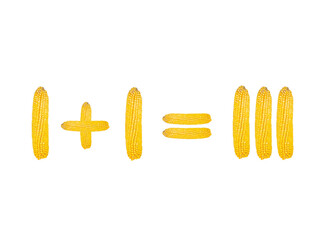 Advertising slogan 1 + 1 = 3. Pay for two things, get three. The numbers are made up of yellow ears of corn. Use in advertising posters, booklets and banners.