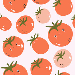 Fresh tomatoes, hand drawn seamless pattern. Overlapping background, vegetables vector. Colorful illustration with food. Decorative wallpaper, good for printing. Design backdrop, tomato