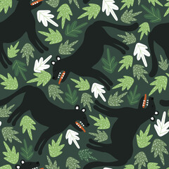 Pantera, leaves,  hand drawn backdrop. Colorful seamless pattern with animals. Decorative cute wallpaper, good for printing. Overlapping background vector, happy alpacas. Llama © Talirina