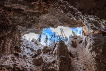 Underground ice cave near village Kulogory, Arkhangelsk region, Russia, Pinega river