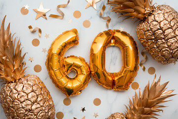 60th birthday celebration card with gold foil balloons and golden pineapples