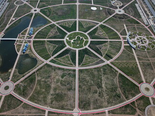 Aerial drone view to Botanical garden - Astana / Nur-Sultan, Kazakhstan