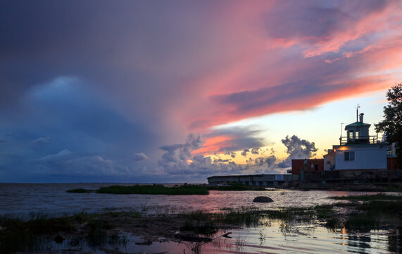 Amazing sunset at the beach of Lisy Nos settlement, Saint-Petersburg, Russia, Gulf of Finland, Baltic Sea
