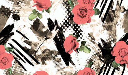 Seamless Vintage Old Real Roses Pattern with Geometric Brush Strokes Background 